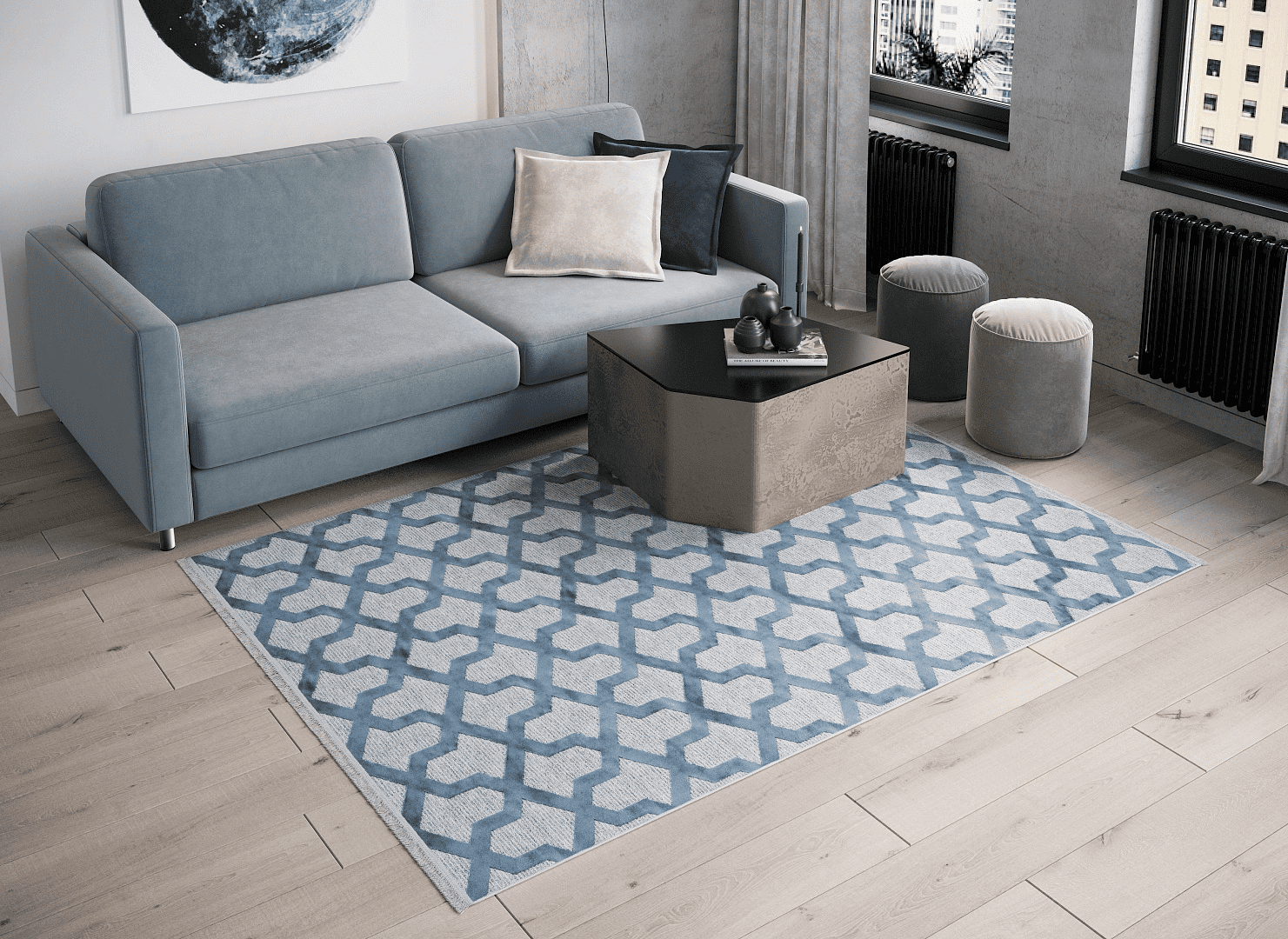 Современная гостиная в голубых тонах. Ковер на фотографии — MOON
        FAMILY 4068.