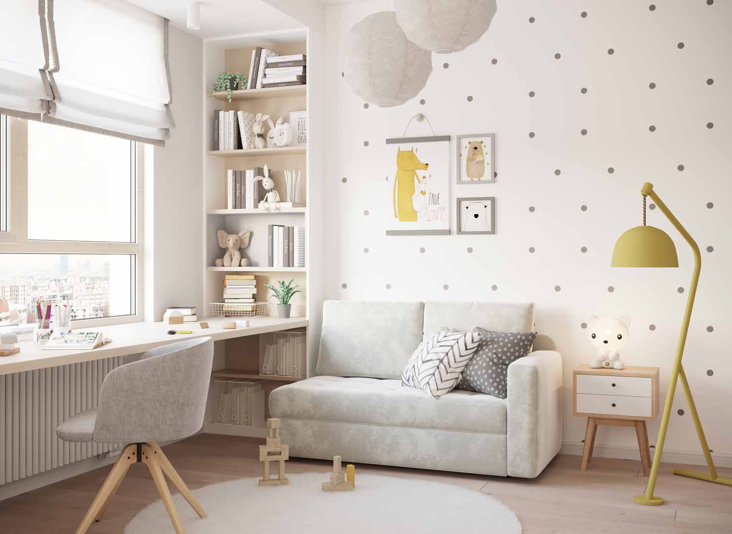 Светлая детская в стиле сканди. Диван на фотографии — MOON
                    074