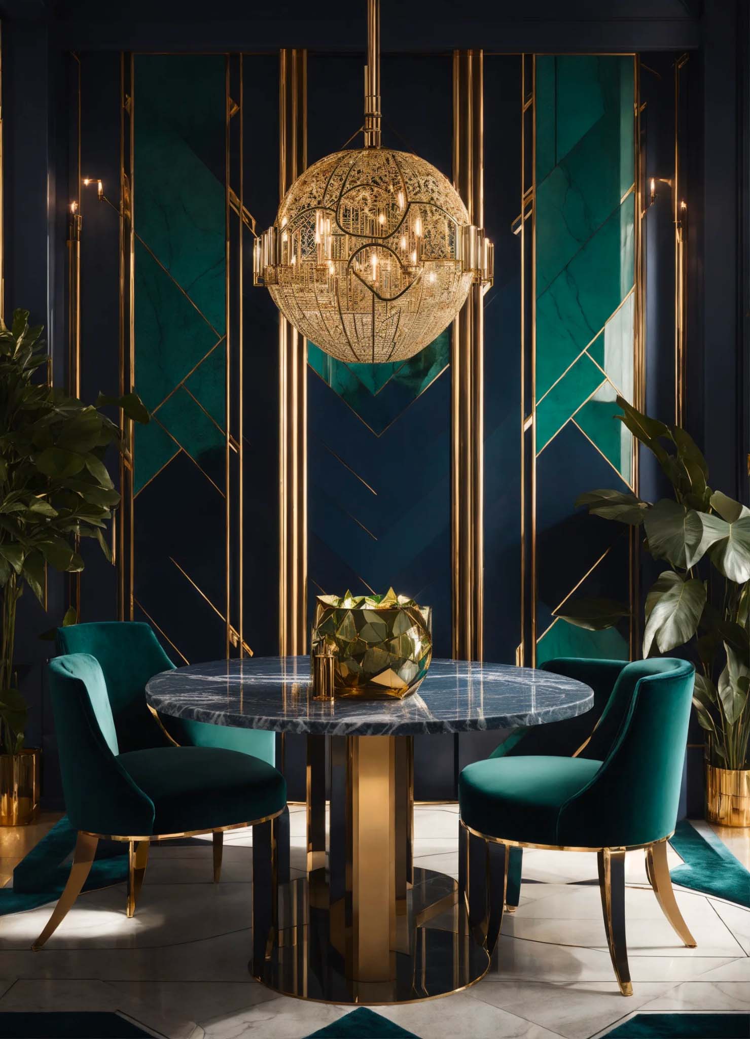 Симметрия, энергичные линии, неожиданное применение геометрических форм в интерьере ар-деко.
                Изображение создано нейросетью.